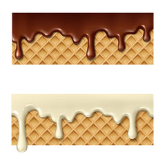 3d realistic vector illustration. Dark and white liquid chocolate melting on a piece of wafer.