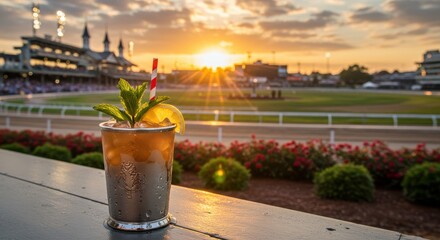 Silver cup with mint and lemon garnish on wooden railing at sunset racetrack