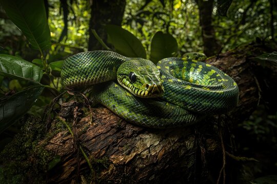 A vibrant green tree python coils around a mossy log in a lush rainforest.