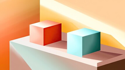 Geometric display cubes on a tiered platform, bathed in soft light.