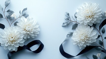 beautiful chrysanthemum flowers and black ribbon on white background condolence card with copy space for text