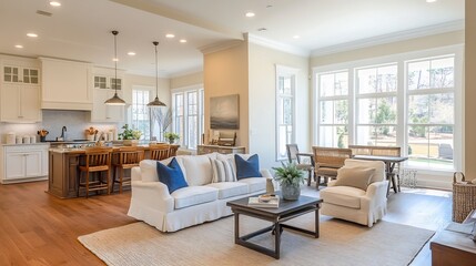 Bright Open-Concept Kitchen and Living Room: Coastal Farmhouse Design