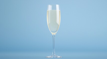 A sparkling glass of champagne against a soft blue background, creating an elegant and celebratory atmosphere.