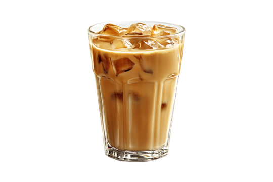 Refreshing iced latte in a clear glass isolated on transparent background
