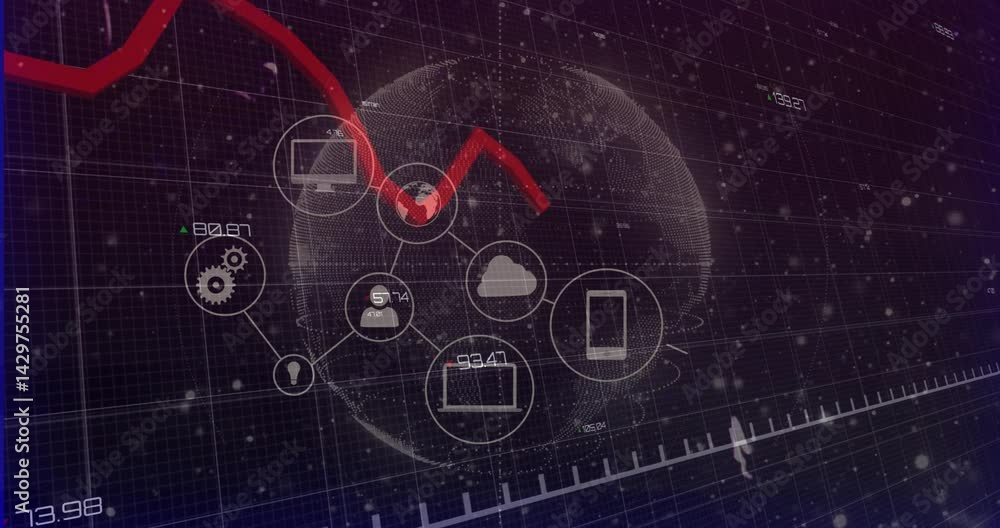 Aufkleber 3d-styled dotted globe floating amid connecting tech icons and trending red line over dark grid