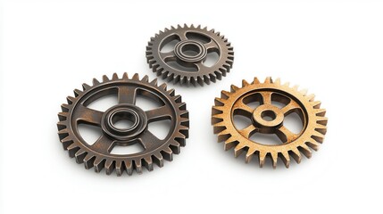 Three metallic gears interlocked on white background.