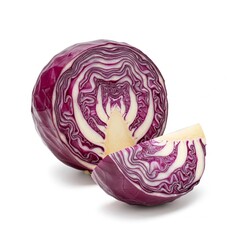 Red cabbage and quarter slice on white background