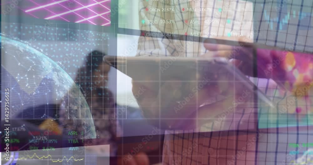 Poster man tapping tablet in business office, showing virtual globe charts data floating around background