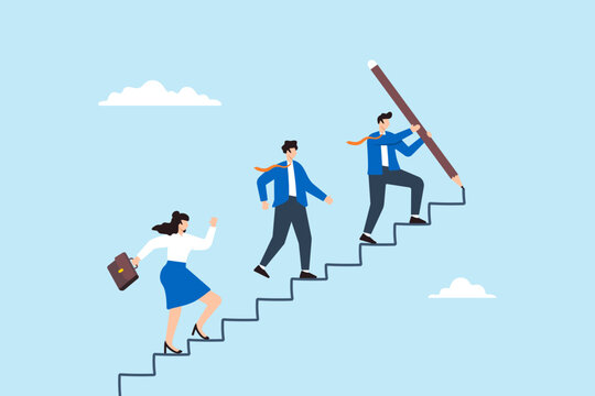 Flat illustration of businessman leader draw stairs with pencil guiding team to success develop career improvement plan