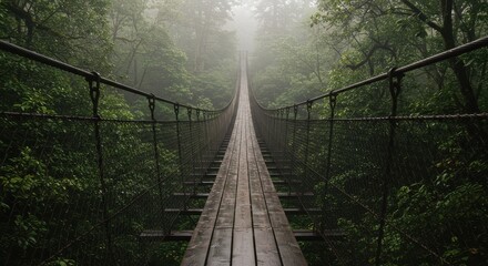 Fototapeta premium A suspension bridge made of wooden planks in a dense, misty forest