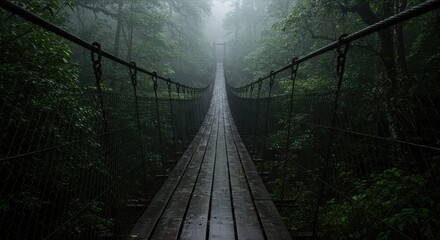Weathered wooden suspension bridge in dense, foggy forest