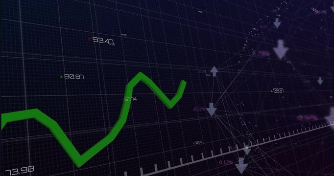 Digital finance dashboard displaying 3D green zigzag chart on dark grid, with numeric readouts