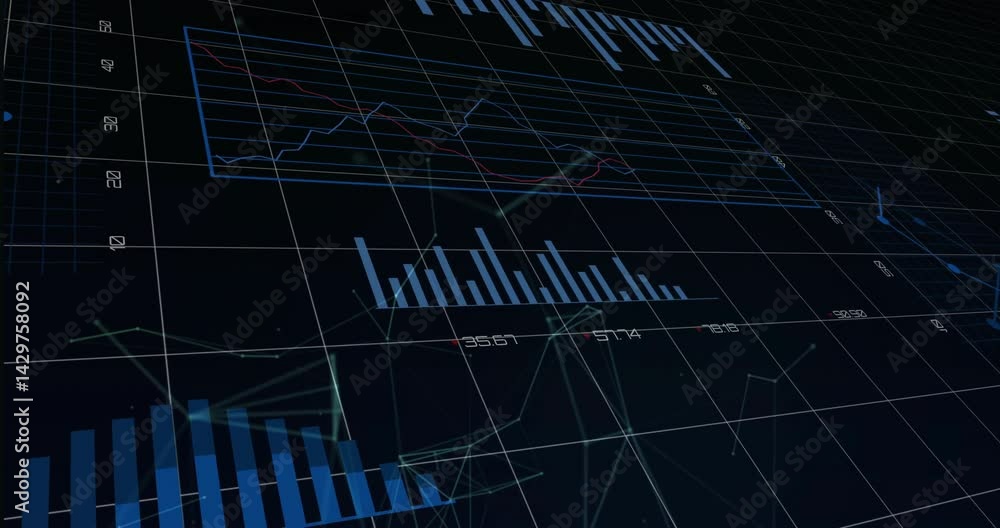 Poster vertical blue bars floating over translucent 3d grid, showing red and blue line graphs shifting