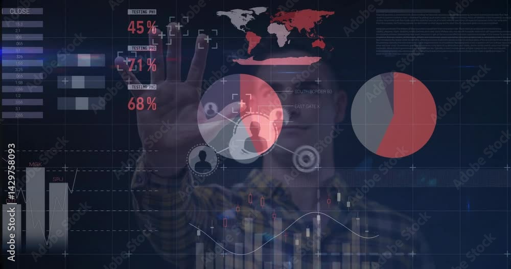 Poster man in checkered shirt interacting with technology dashboard, featuring charts and map overlays