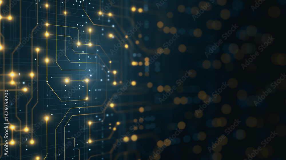 Poster digital circuit: a close-up of an intricate digital circuit board, illuminated with glowing pathways
