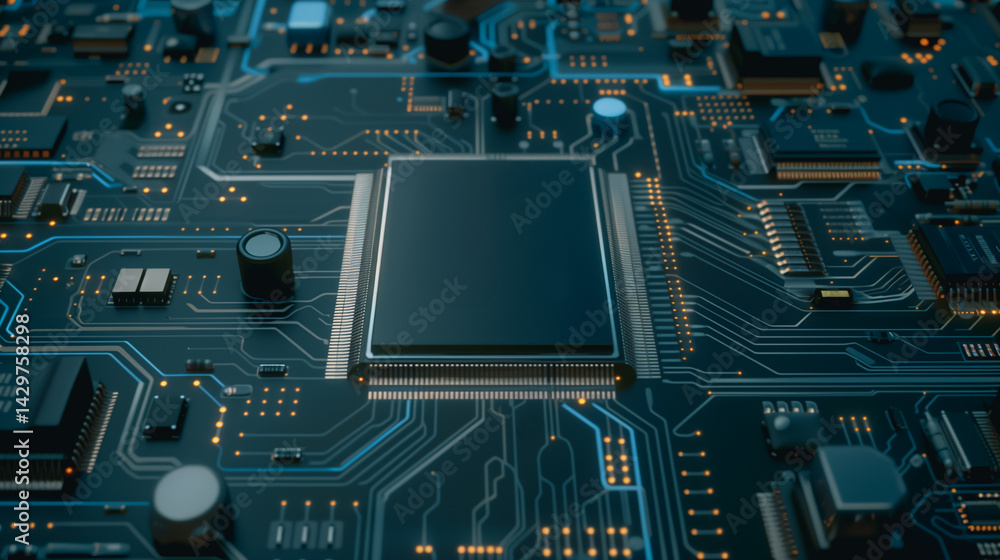 Poster microchip marvel: a detailed macro shot of a microchip's intricate circuits, radiating digital elega
