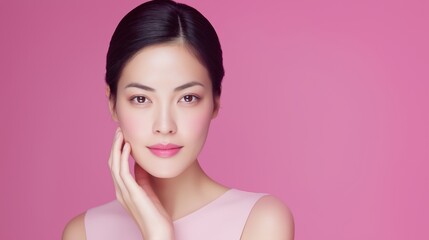 Model poses gracefully against a pink background showcasing natural beauty and soft makeup.