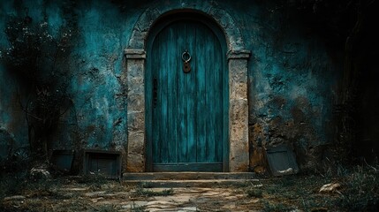 Obraz premium Teal door, ancient stone building, overgrown path