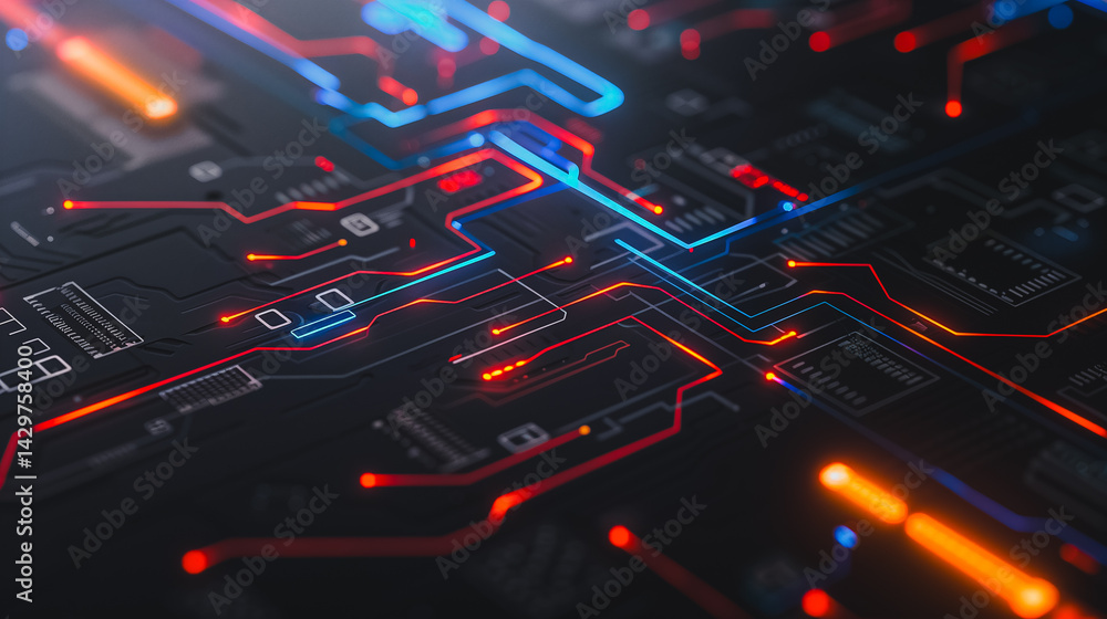 Poster digital circuitry: a close-up view of an intricate digital circuit board glows with dynamic red and 