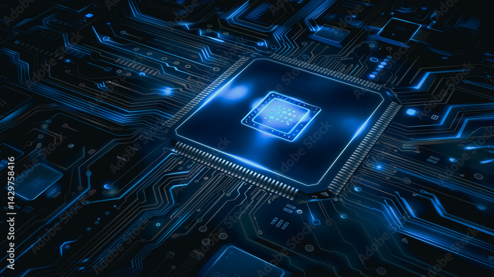 Poster digital circuitry: captivating close-up shot of a microchip, emphasizing the intricate pathways and 