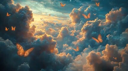 Obraz premium Golden butterflies soar through a sky of clouds at sunrise