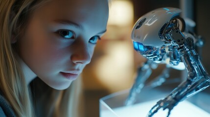 A young girl intently observes a small, advanced robot, possibly exploring AI interaction.