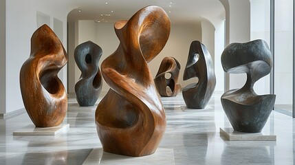 Bronze sculptures depict abstract forms and shapes