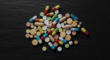 Assorted pills and capsules scattered on a dark textured surface