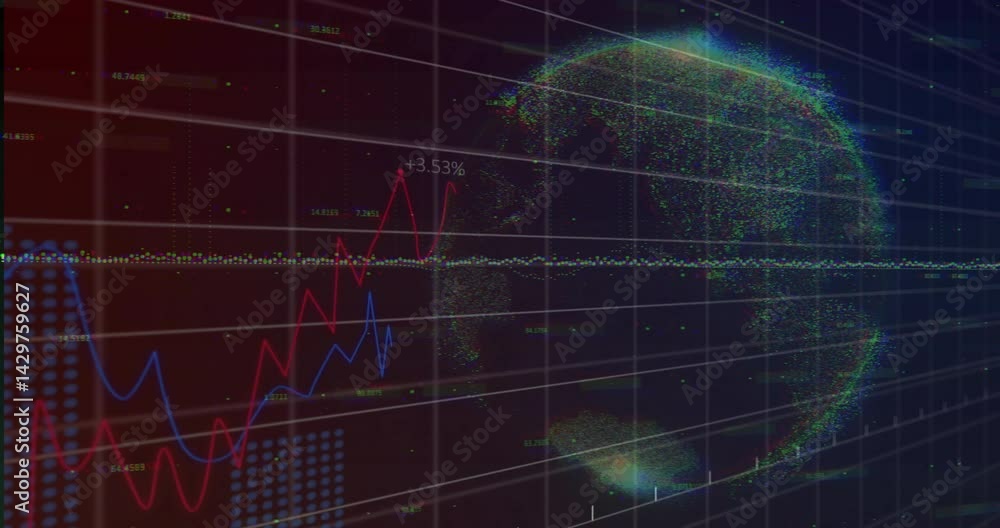 Poster data visualization showing digital dashboard, with red and blue line charts and dotted globe
