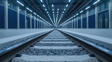 Obraz premium A perspective view of railway tracks extending into a well-lit, modern tunnel, showcasing industrial design and symmetry.