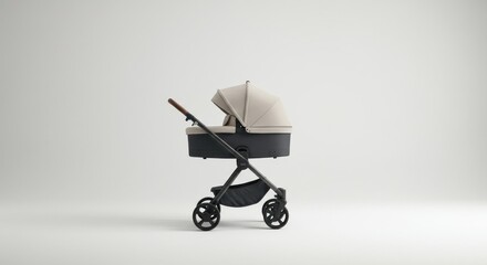 Modern baby stroller with black frame and beige fabric on light background