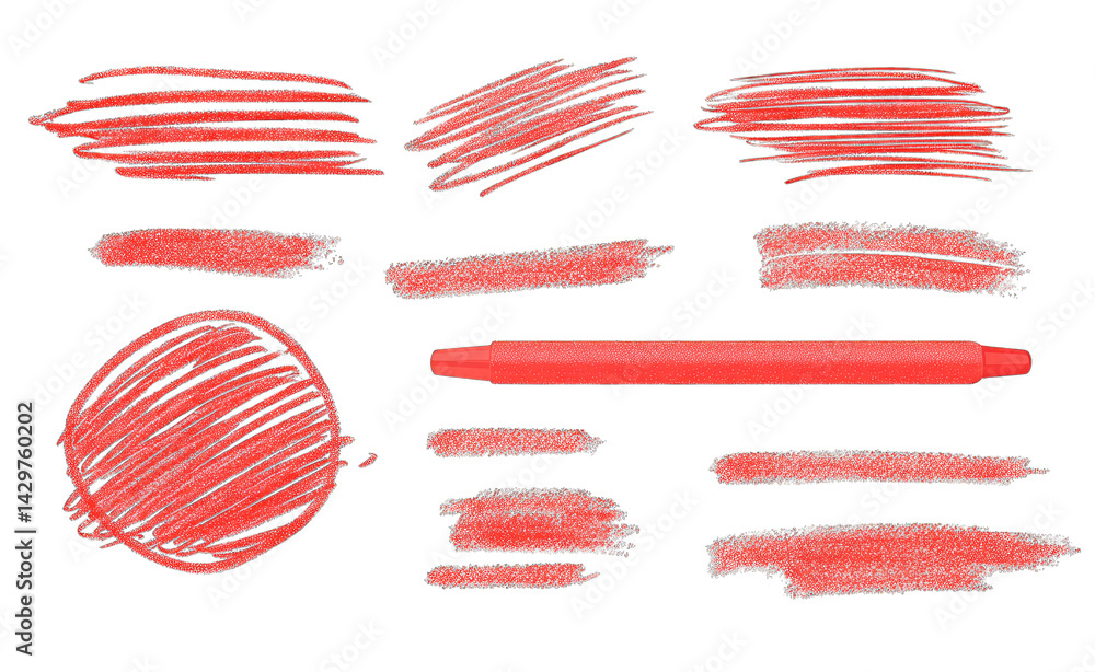 Poster various red strokes and textures created with a red marker showcasing different styles such as lines