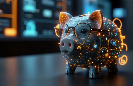Futuristic piggy bank with glasses, illuminated by digital circuits.  Set on a desk with a blurred screen backdrop, it embodies modern finance technology.