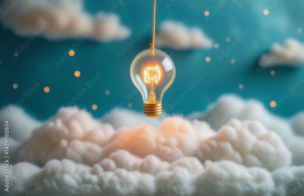 Poster a glowing lightbulb hangs from a string amidst fluffy clouds and a serene, teal-colored sky. scatter