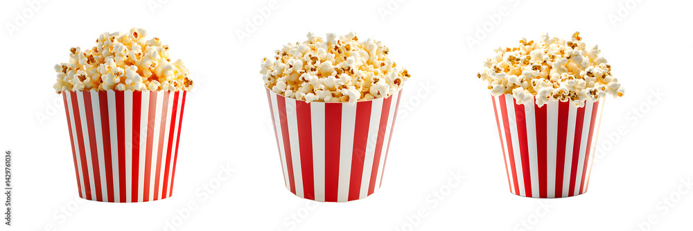 Poster set of containers of popcorn in red and white striped boxes, isolated on transparent background
