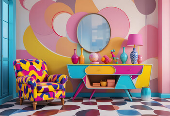 A vibrant Memphis design interior concept in 3D render, checkerboard flooring, and a fun, nostalgic 80s aesthetic