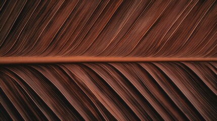 A close-up view of a brown feather, showcasing its intricate lines and texture, highlighting the natural beauty and design of avian features.