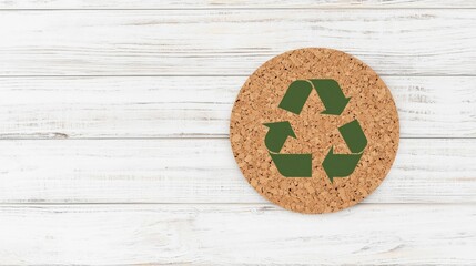 A circular cork coaster features a green recycling symbol against a light wooden background, promoting sustainability and eco-friendliness.