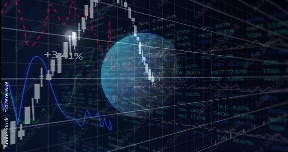 Poster 3d globe rotating over dark dashboard, showing transparent candlesticks and colored trend lines