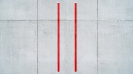 A minimalist concrete wall features two vertical red stripes, creating a striking contrast and emphasizing modern design aesthetics.