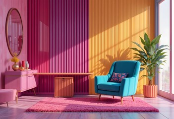 A colorful design interior concept in 3D render, featuring a blue armchair. Girly atmosphere. 