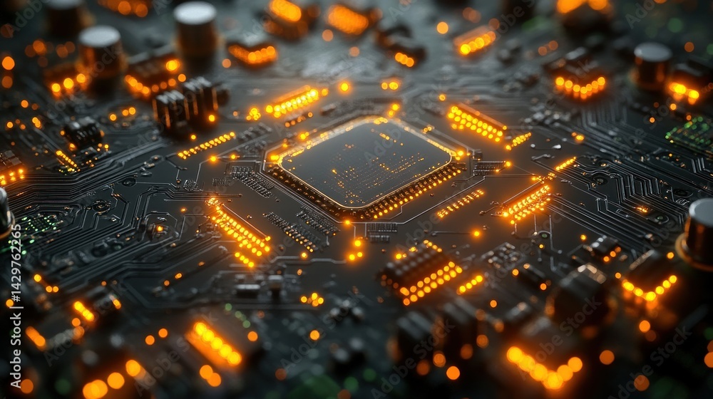 Aufkleber illuminated circuit board: a close-up of a microprocessor
