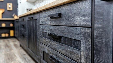 Dark gray kitchen cabinets with black pulls.