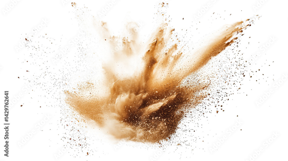 Poster an explosion of brown powder creating a dynamic and visually striking effect against a white backgro