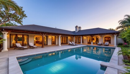 Luxury poolside villa showcase coastal region real estate photography evening atmosphere tranquil setting