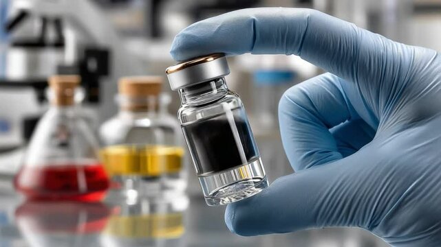 Medical breakthrough held: A gloved hand delicately cradles a vial, its dark contents hinting at groundbreaking scientific advancements and medical solutions.
