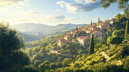 Hillside Tuscan village in Italy with winding roads, olive trees at sunset use travel