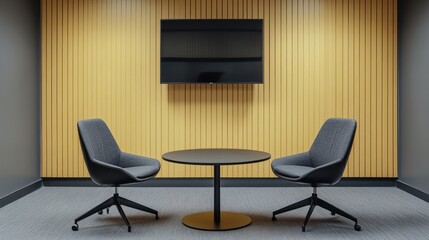 Modern office meeting room, two chairs, table, screen