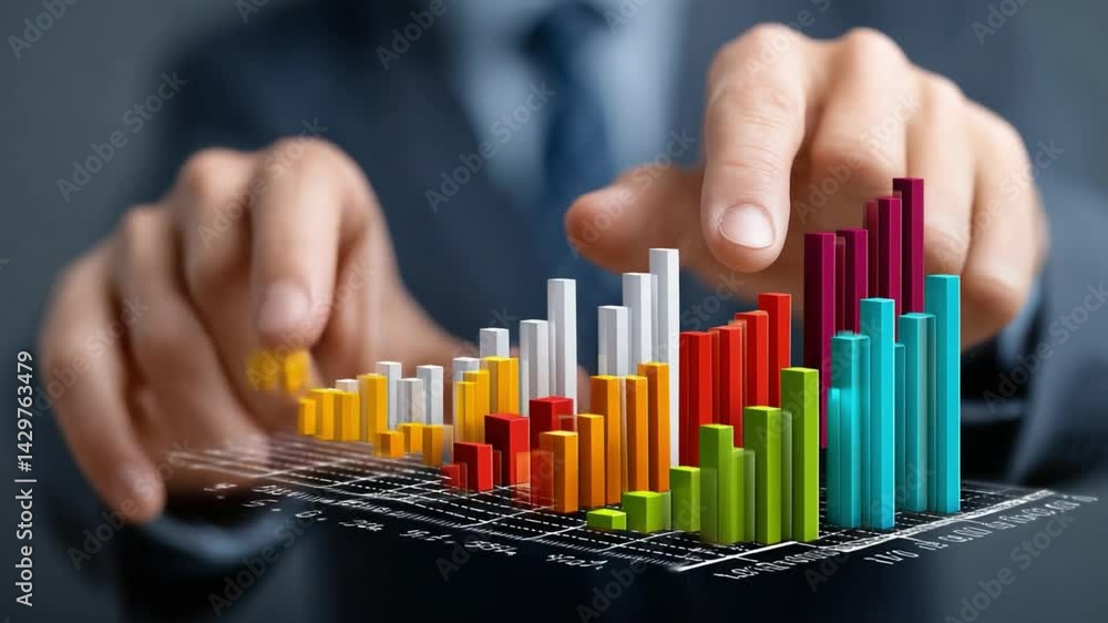 Aufkleber analyzing growth: a pair of hands meticulously adjusts a dynamic 3d bar graph, showcasing colorful b
