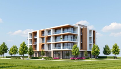 Modern residential building urban area architectural design green environment wide angle innovative living space